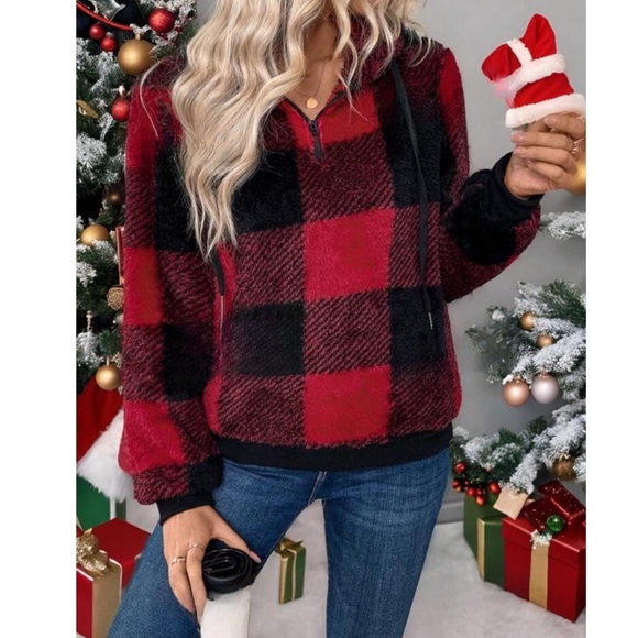 Red Plaid Super Soft Quarter Zip Long Sleeve Hooded Sweatshirt - Picture 4 of 5